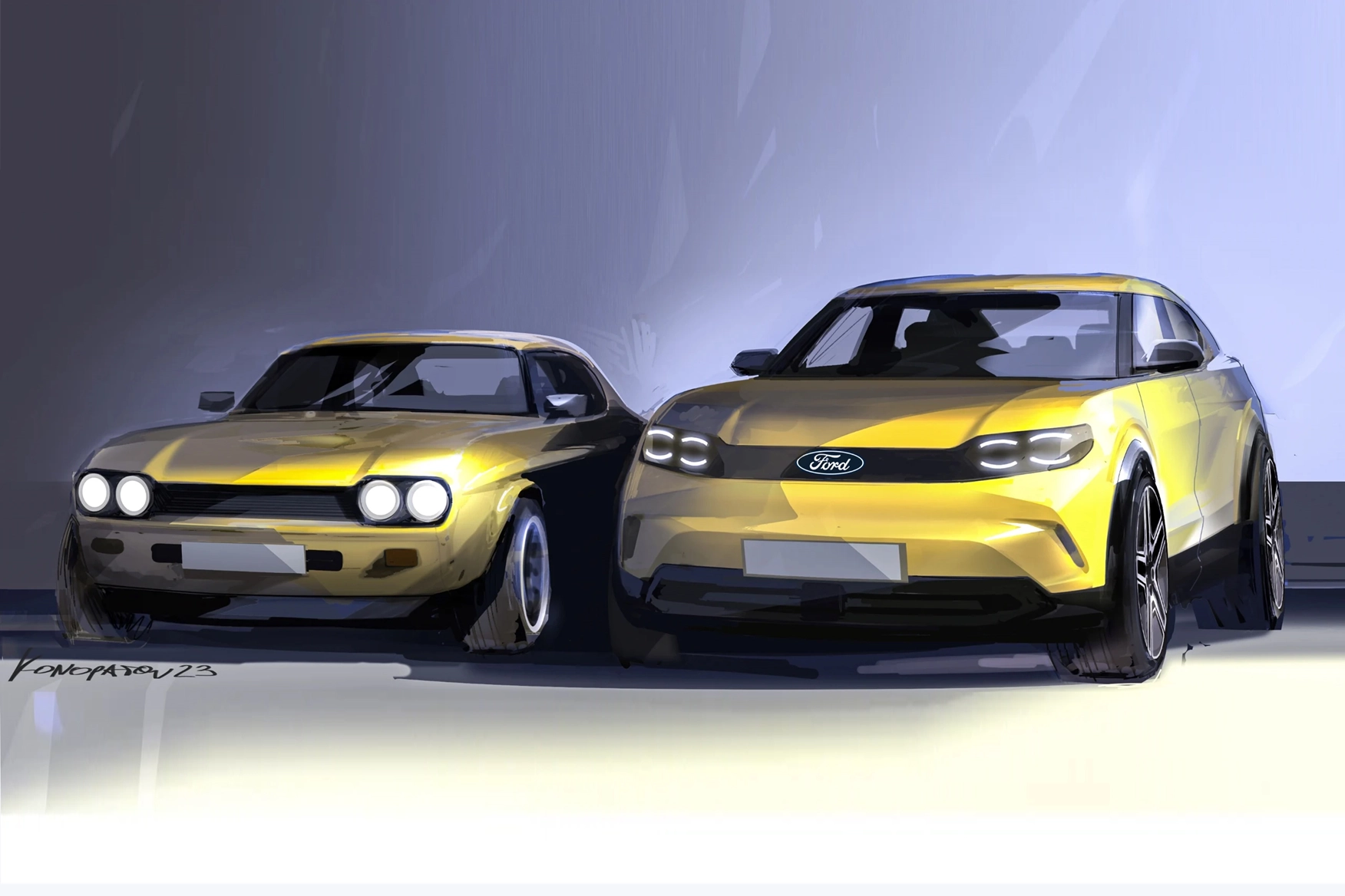 An image of a sketch with the old and new Capri next to each other.